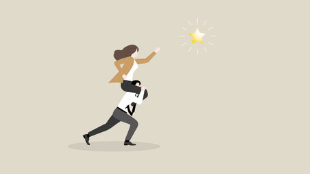 A businesswoman searches for success. Boss rides piggyback on an employee team staff and grabs a star. Business opportunity, ambition, intention, work hard, reach a target, goal.のイラスト素材