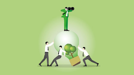 A visionary businessman uses binoculars on a tree lightbulb with team support. Look for ESG business idea, Environmental policy, Green energy, Eco-friendly, Sustainable and Nature.のイラスト素材