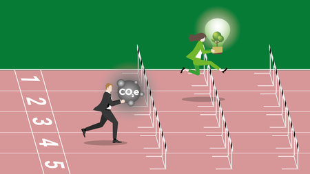 An advantage businesswoman holds a tree light bulb and a follower holds CO2e gas, run on racetrack. ESG competition, Environmental policy, Green business, Eco-friendly, Sustainableのイラスト素材