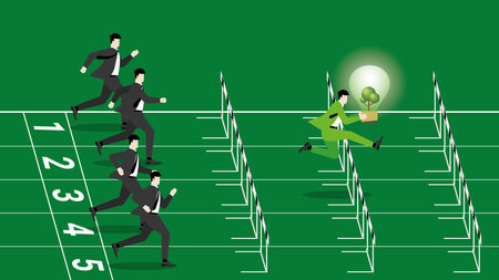 A lead businessman holds a tree light bulb, runs and jumps over obstacles on a racetrack. Idea of ESG competition, Environmental policy, Green business, Eco-friendly, Sustainable.のイラスト素材