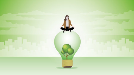 A calm businesswoman sits and meditates on a tree lightbulb in the city. Think of ESG business idea, Environmental policy, Green business, Eco-friendly, Sustainable and Global.のイラスト素材