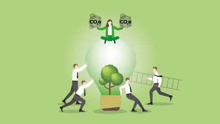 A businessman sits and holds CO2e gas on a tree lightbulb with team support. Carbon emission, ESG idea, Environmental policy, Green energy, Eco-friendly, Sustainability and nature.のイラスト素材