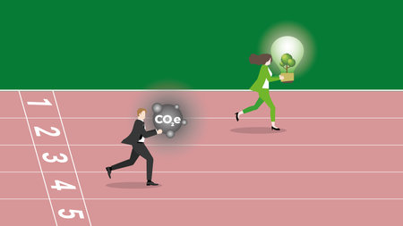 An advantage businesswoman holds a tree light bulb and a follower holds CO2e gas, run on racetrack. ESG competition, Environmental policy, Green business, Eco-friendly, Sustainableのイラスト素材