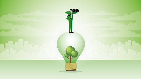 A visionary businessman uses binoculars on a tree lightbulb in the city. Look for ESG business idea, Environmental policy, Green business, Eco-friendly, Sustainable and Global.のイラスト素材