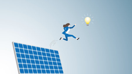 Reach target, goal, and success concept. Businesswoman jumps from solar cells. to grab a light bulb. ESG challenge for Renewable, Alternative, Green energy, Sustainable Environmentのイラスト素材