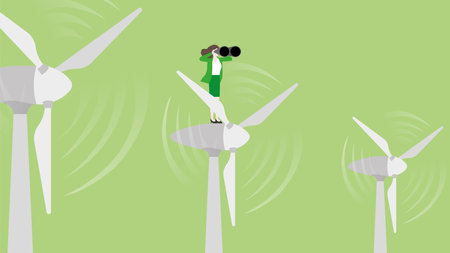 Green energy. Vision businesswoman uses binoculars on wind turbine generator power. ESG, Renewable, Alternative, Sustainable Environmental policy, Carbon footprint reduction.のイラスト素材