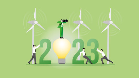 Green energy concept. Vision businessman uses binoculars on 2023 and wind turbine generator power...