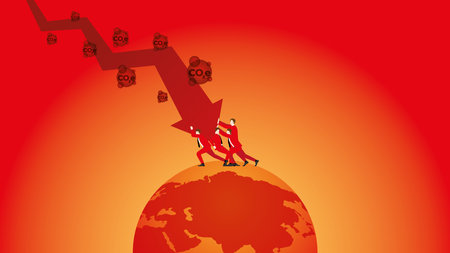 business people push a down graph of CO2e, to protect the red and hot earth. Net zero carbon footprint emission, Sustainability, Global heating, Climate emergency, crisis, and environmental concept.のイラスト素材