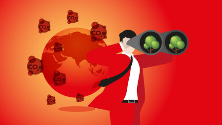 A businessman uses binoculars to find a tree for a red and hot earth with CO2. Environmental concern, Net zero carbon footprint emission, Sustainability, Global heating, Climate emergency, and crisis.のイラスト素材