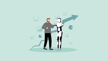 AI technology concept of business assistant, consultant, and support. The advantages of Artificial Intelligence user is growth a graph, marketing opportunity, and financial profit. vector flat style.のイラスト素材