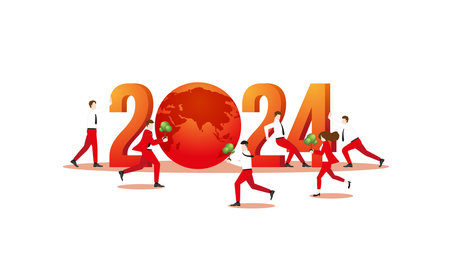 ESG policy in the year 2024, red Earth with teamwork planting a tree. Environmental concern, Net zero carbon footprint emission, Sustainability, Global heating, Climate emergency, and crisis concept.のイラスト素材