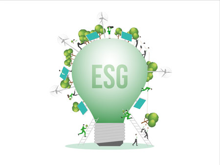 ESG sustainability business, green energy, sustainable industry with windmill and solar energy panels. Environmental, Social, and Corporate Governance concept. People construction vector illustration.のイラスト素材