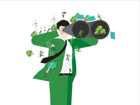 ESG sustainability business, green energy, sustainable industry with windmill and solar energy panels. Environmental, Social, and Corporate Governance concept. People construction vector illustration.のイラスト素材