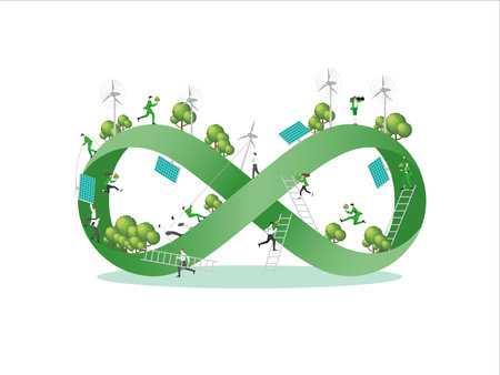 ESG sustainability business, green energy, sustainable industry with windmill and solar energy panels. Environmental, Social, and Corporate Governance concept. People construction vector illustration.のイラスト素材