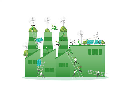 ESG sustainability business, green energy, sustainable industry with windmill and solar energy panels. Environmental, Social, and Corporate Governance concept. Factory construction vector illustrationのイラスト素材