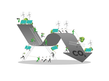 ESG sustainability business, green energy, sustainable industry with windmill and solar energy panels. Environmental, Social, and Corporate Governance concept. People construction vector illustration.のイラスト素材