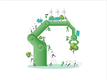 ESG sustainability business, green energy, sustainable industry with windmill and solar energy panels. Environmental, Social, and Corporate Governance concept. People construction vector illustration.のイラスト素材