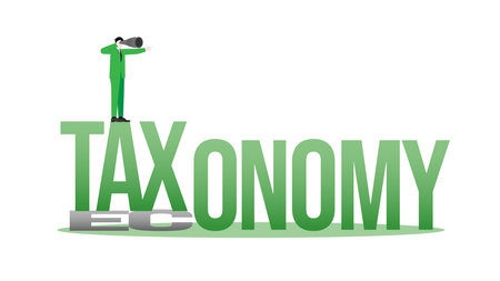 Changing of a new global business policy. Vision businessman on Economy changes to Taxonomy. ESG sustainability, Taxonomy, economy, ecology, and sustainable development concept. Vector illustration.のイラスト素材