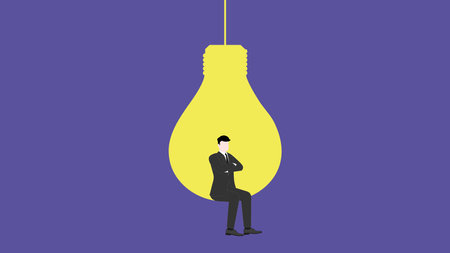 Confident businessman thinking and sitting with arms crossed on a light bulb. Business strategy, success,  leadership, and innovation concepts in minimal design and vibrant color. Vector illustration.のイラスト素材