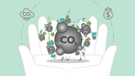ESG sustainability policy in hand. Carbon credit calculate from reduce carbon footprint and carbon dioxide to carbon offset. Green renewable energy, sustainable development. Vector illustration.のイラスト素材