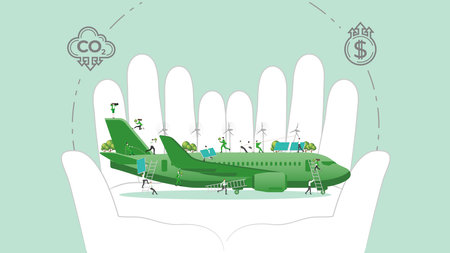 ESG sustainability policy in hand. Carbon credit calculate from reduce carbon footprint and carbon dioxide to carbon offset. Green renewable energy, sustainable development. Vector illustration.のイラスト素材