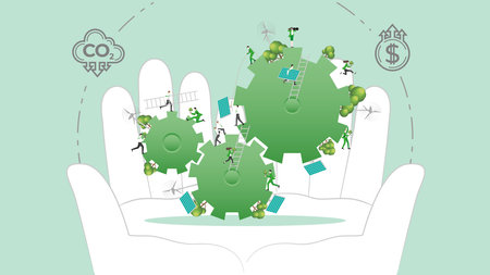 ESG sustainability policy in hand. Carbon credit calculate from reduce carbon footprint and carbon dioxide to carbon offset. Green renewable energy, sustainable development. Vector illustration.のイラスト素材
