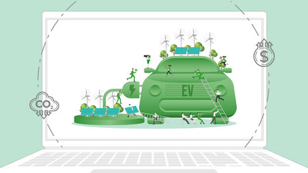 ESG business policy in laptop. Carbon credit calculate from reduce carbon footprint and carbon dioxide to net zero goal in 2050. Electric power Vehicle, sustainable development. Vector illustration.のイラスト素材