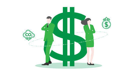 Corporate success, ESG Management, Leadership and Teamwork, Environmental Goals in Sustainable Business Environment with a Confident Businessman and Businesswoman standing pose with Dollar symbol.のイラスト素材