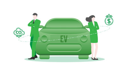 Corporate success, ESG Management, Leadership and Teamwork, Achieving Environmental Goals in a Sustainable Business Environment with Confident Businessman and Businesswoman standing pose with EV car.のイラスト素材