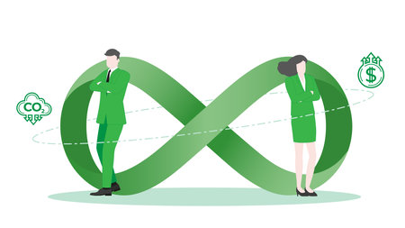 Corporate success, ESG Management, Leader and Teamwork, Environmental Goals in Sustainable Business Environment with Confident Businessman and Businesswoman standing pose with Infinity Symbol.のイラスト素材