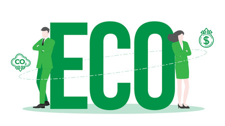 Corporate success, ESG Management, Leadership and Teamwork, Achieving Environmental Goals in a Sustainable Business Environment with Confident Businessman and Businesswoman standing pose with ECO.のイラスト素材