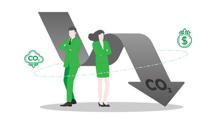 Corporate success, ESG Management, Leader and Teamwork, Environmental Goals in a Sustainable Business Environment with Confident Businessman and Businesswoman standing pose with CO2 Graph Down.のイラスト素材