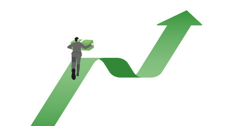 Vector illustration of a businessman holding a stack of banknotes while running on a green upward graph, financial growth, investment success, and business progress in a dynamic, forward move economy.のイラスト素材