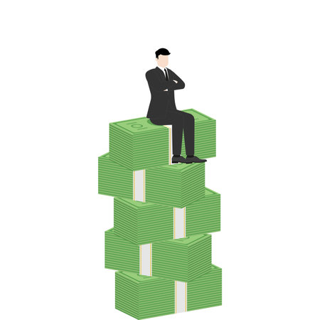 A successful leader visionary businessman sitting confidently on a stack of banknotes. Concepts of money, investment, wealth, financial growth, and strategic business decisions in competitive economy.のイラスト素材