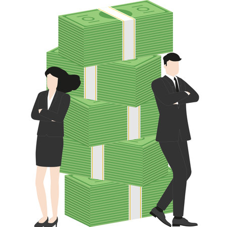 Businessman and businesswoman stand confidently at a stack of banknotes. Concepts of Sales, reach target, wealth creation, financial leadership, and power of teamwork in achieving economic success.のイラスト素材