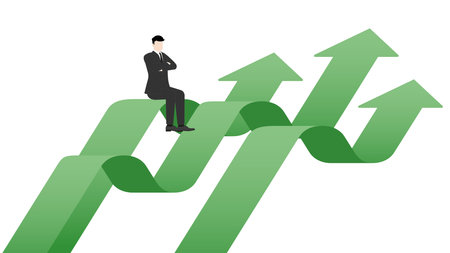 A successful leader visionary businessman sitting confidently on a green arrow rising. Concepts of money, investment, wealth, financial growth, and strategic business decisions in competitive economy.のイラスト素材