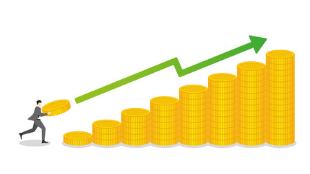 A businessman holds a coin, runs to stack of money bar chart with green graph up. Extend investment in Bull Economy, economic success, financial management, capital market performance, and profit.のイラスト素材