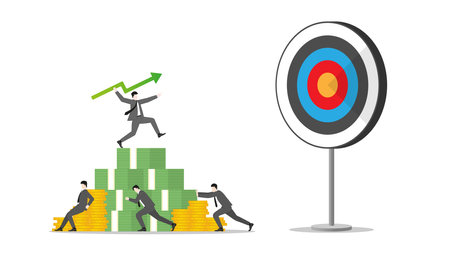 A businessman throws a green arrow like a javelin on money stack to business goal. Teamwork of financial success, ambition to target, investment strategy, performance at work, and career opportunity.のイラスト素材