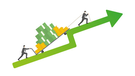 Business people drag a trolley full of cash on green arrow rising, teamwork in business growth, income strategy, financial gain, economic wealth, revenue goal, and attempt investment in a market.のイラスト素材