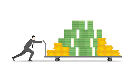 A determined businessman pushing a money trolley. Financial growth, strategy, and success in investments. A powerful depiction of economic ambition and wealth-focused goals for corporate growth.のイラスト素材