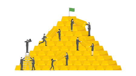 Leadership and Teamwork Concept. Business Manager Directing Team to Build a Pyramid of Gold Bars for Wealth and Success.のイラスト素材
