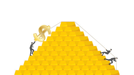 Business teamwork pulling giant golden dollar sign over gold bar stack. Concept of currency exchange, hedging against inflation, and investing in gold during market volatility.のイラスト素材
