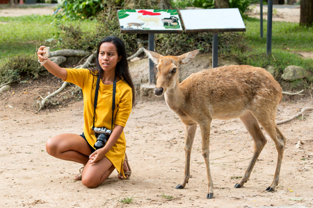 Asian woman selfie with Eld's deer by phone cameraの写真素材