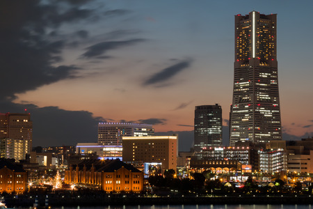 Yokohama City Port in the Sunset in Christmas's eve during winter season, Cityscape lighting view from Osan Bashiのeditorial素材