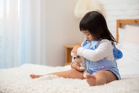 Asian 3-years child sitting on white bed and hug little white Maltese dog with care and tenderの写真素材