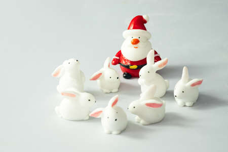 Miniature white seven rabbits psoe many action with Santa Clause in red suit on white