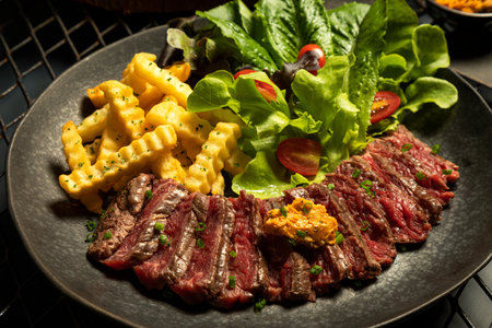 Medium rare grilled delicious ribeye steak slices and potato salad on black retro serving plateの写真素材