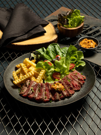 Medium rare sliced grilled meat steak Striploin with sauce, potato, salad on retro dish on metal net background.の写真素材