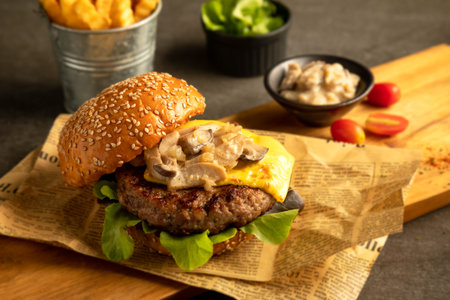 Beef cheese and mushroom Burger Served with sauce, salad, potato. American tasty gourmet food on Wooden boardの写真素材