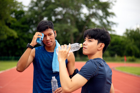 Two track athletes resting and hydrating post-run, with one wiping sweat and the other drinking water on a lush green fieldの写真素材